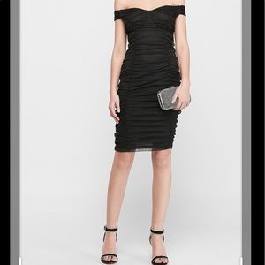 Off shoulder ruched mesh sheath dress